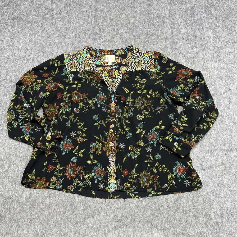 Fig & Flower Shirt Womens Medium Black Green Floral Button Front Top Blouse